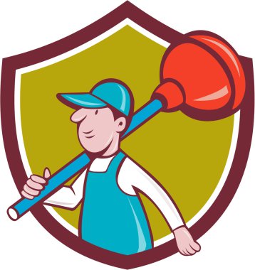 Kalkan karikatür yürüyüş dalgıç taşıyan tesisatçı