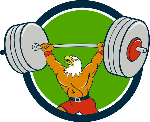 Calvo águila levantamiento de pesas Barbell Circle Cartoon — Vector de stock