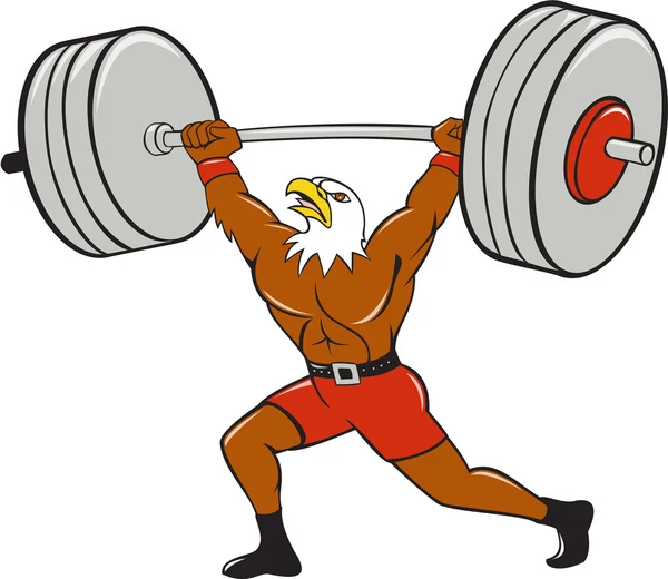 Calvo águila levantador de pesas Barbell Cartoon — Vector de stock