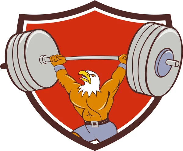 Bald Eagle Weightlifter Lifting Barbell Crest Cartoon — Stock Vector