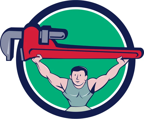 Plumber Weightlifter Monkey Wrench Circle Cartoon — Stock Vector