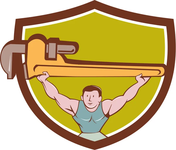 Plumber Weightlifter Monkey Wrench Crest Cartoon — Stock Vector