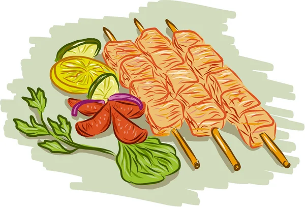 Chicken Kebabs Vegetables Drawing — Stock Vector