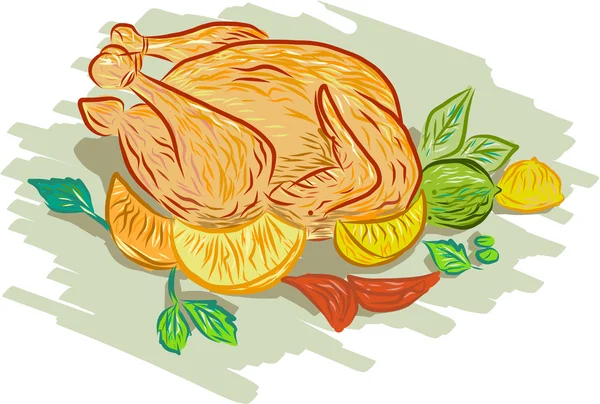 Roast Chicken Vegetables Drawing — Stockvector