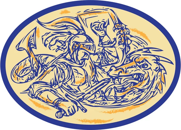 St George Fighting Dragon Drawing — Διανυσματικό Αρχείο