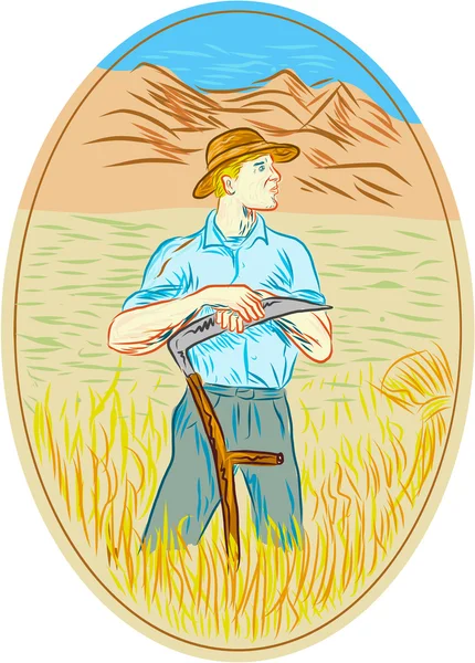 Blé biologique agriculteur Scythe dessin ovale — Image vectorielle