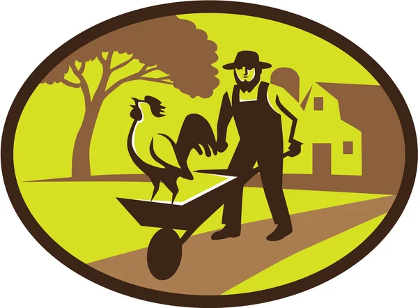 Amish Farmer Rooster Wheelbarrow Farm Oval Retro — Stock Vector