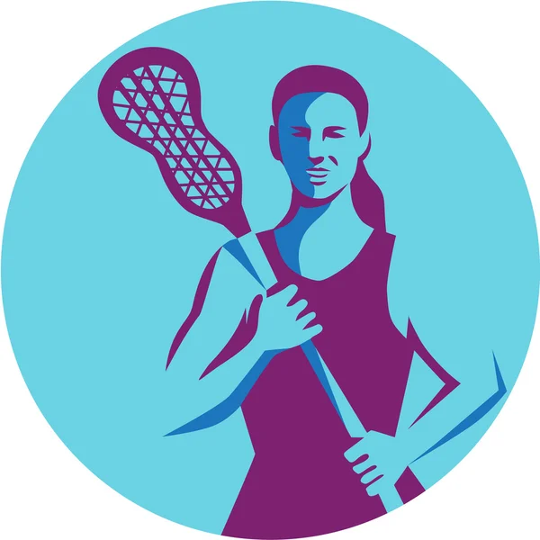 Female Lacrosse Player Stick Circle Retro — Stock Vector