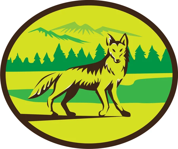 Coyote Montaña Paisaje Oval Retro — Vector de stock