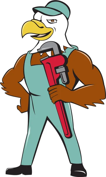 Bald Eagle rörmokare Monkey Wrench Cartoon — Stock vektor