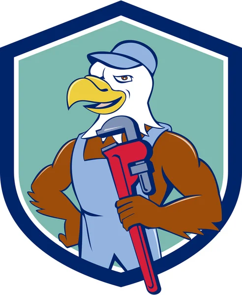 Bald Eagle loodgieter Monkey Wrench Crest Cartoon — Stockvector