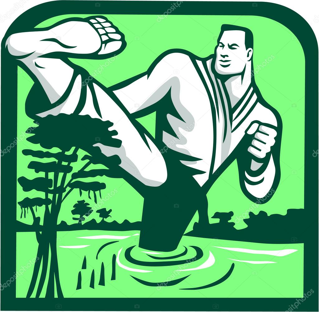 Martial Arts Fighter Kicking Cypress Tree Retro