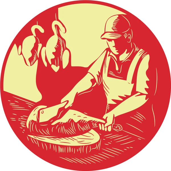 Chino cocinero picar carne oval círculo Woodcut — Vector de stock