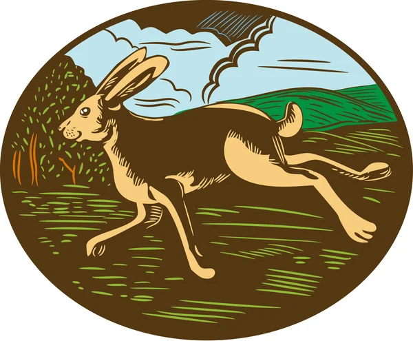 Lièvre sauvage Lapin en cours d'exécution Ovale Woodcut — Image vectorielle