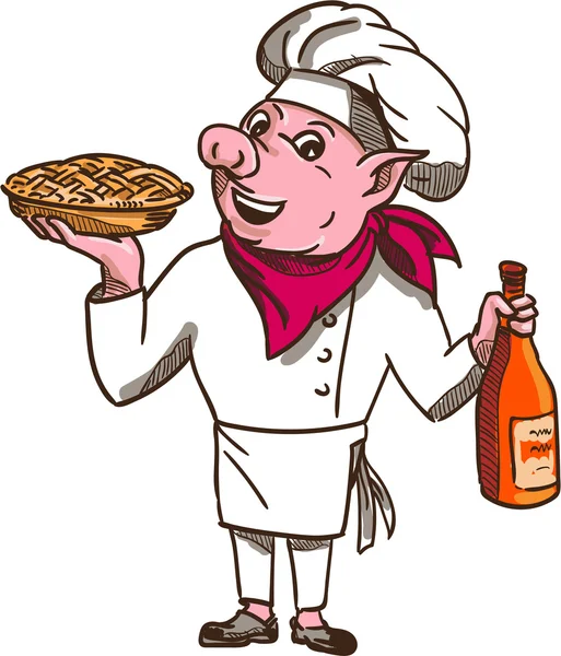 Pig Cook Pie Wine Bottle Cartoon — Stock Vector