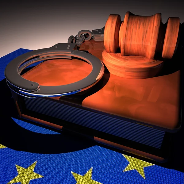 Handcuffs, gavel and book over EU flag — Stock Photo, Image