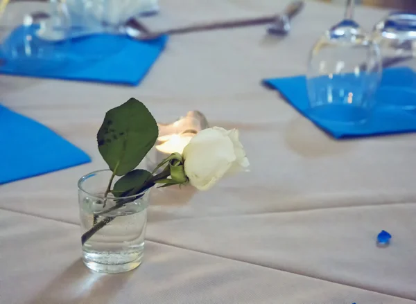 Białej Róży i dekoracje nad ubrany stół — Zdjęcie stockowe