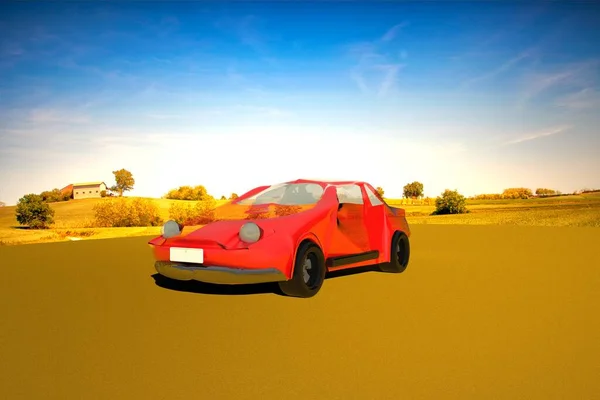 Red Car Country Landscape Rendering — Stock Photo, Image