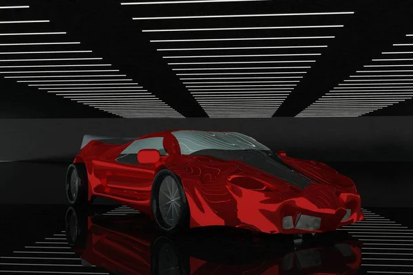 Carro Esportivo Vermelho Uma Garagem Escura Renderização — Fotografia de Stock