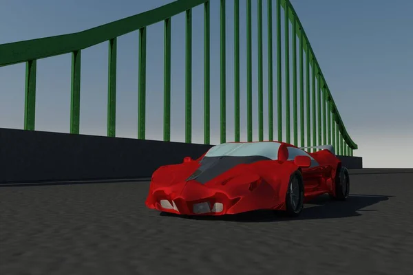 橋の上の赤いスポーツカー 3Dレンダリング — ストック写真
