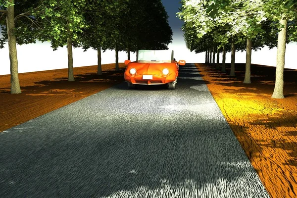 Red sports car running in avenue with trees, 3d rendering