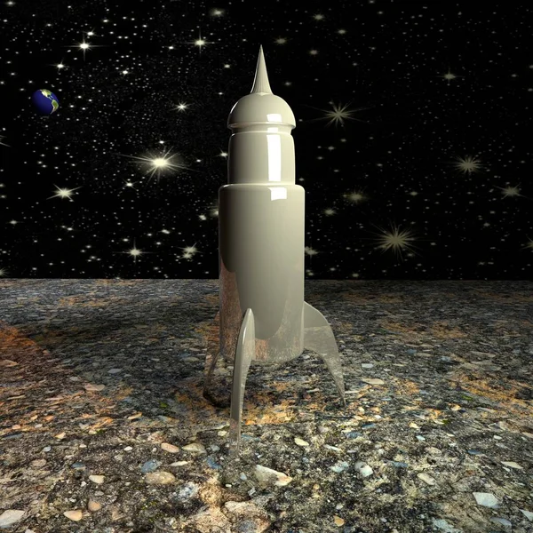 火箭飞越岩石行星 星空背景 3D渲染 — 图库照片