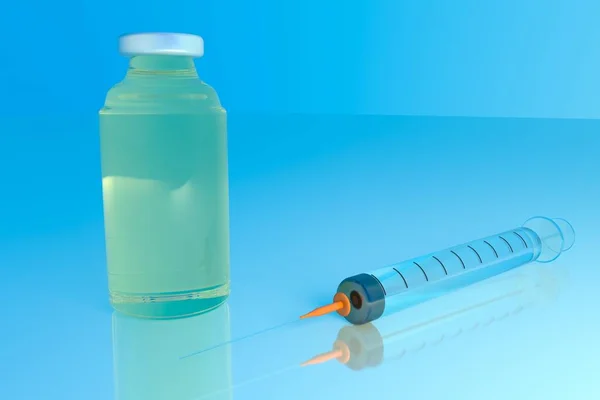 Injekční Lahvička Syring Modrém Pozadí Vykreslování — Stock fotografie