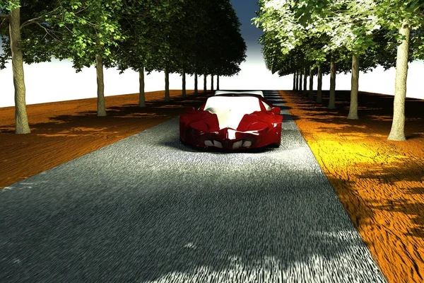 Red Car Tree Lined Avenue Rendering — Stock Photo, Image