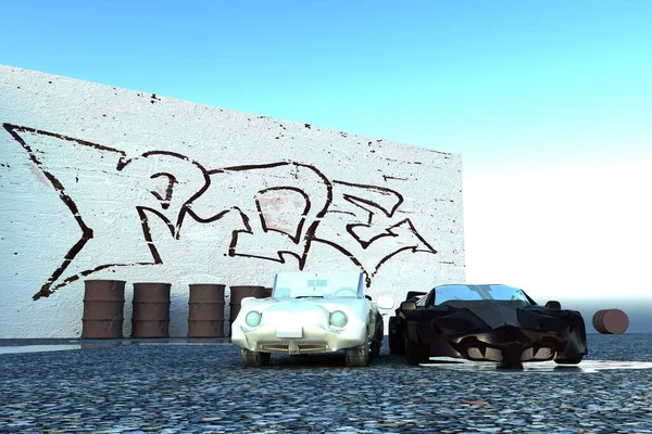 Dwa Samochody Przy Ścianie Graffitti Renderowanie — Zdjęcie stockowe