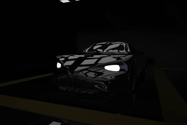 Coche Negro Garaje Oscuro Renderizado — Foto de Stock