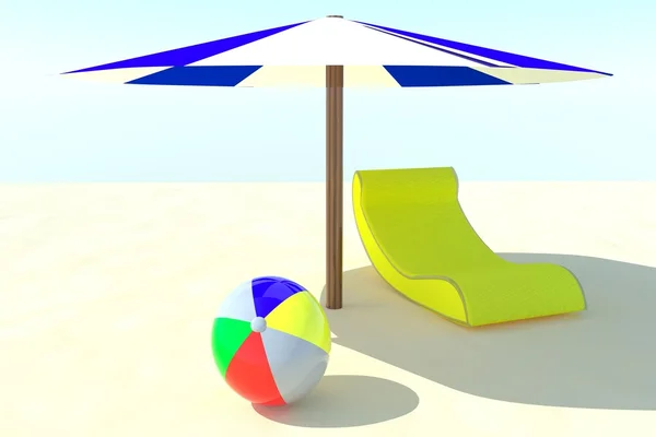 Stranden med stol, paraply och bollen över sand, 3d render — Stockfoto