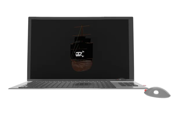 Piratskepp på laptop — Stockfoto