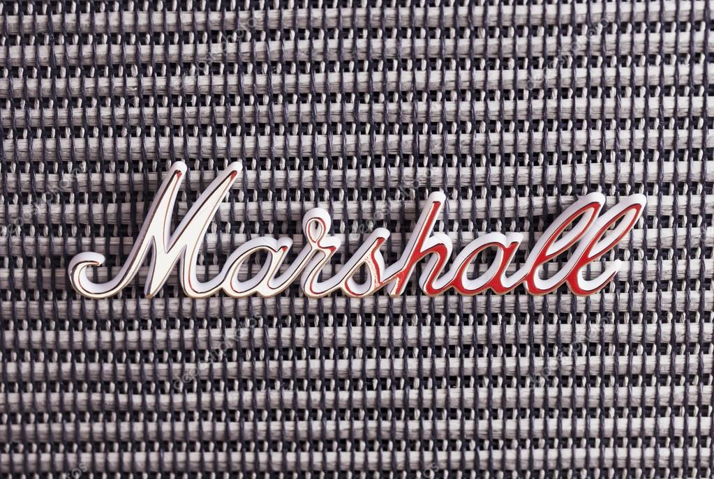 DECEMBER 12, 2015: Marshall Amplification logo over amp, close up. Marshall Amplification is one of leading worldwide brand in sound amplification and musical instruments.