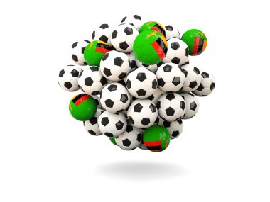 Futbol topları yığını ile Zambiya bayrağı