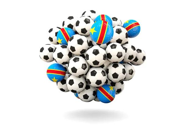 Mucchio di palloni da calcio con bandiera di repubblica democratica del congo — Foto Stock