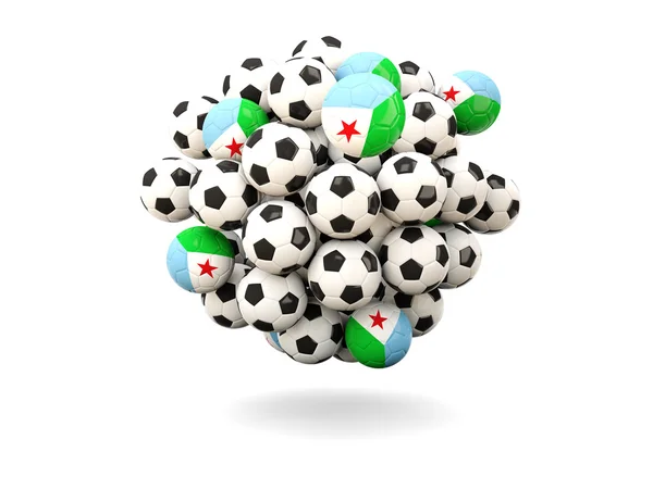 Mucchio di palloni da calcio con bandiera di Gibuti — Foto Stock
