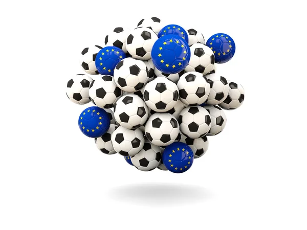Montón de balones de fútbol con bandera de la unión europea —  Fotos de Stock