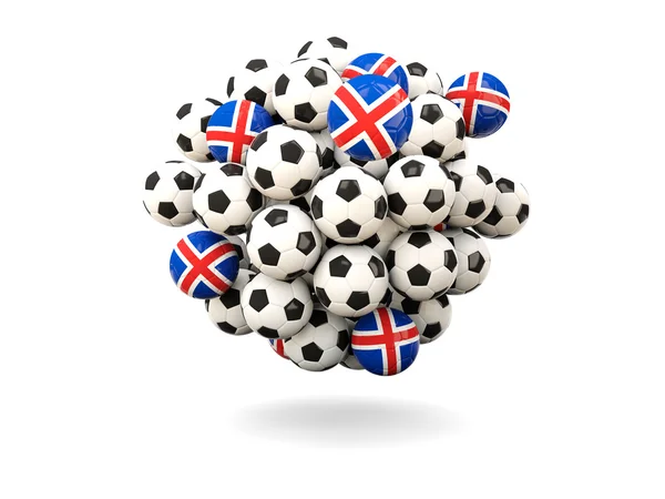 Hög med fotbollar med flagga Island — Stockfoto