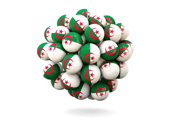 Montón de balones de fútbol con bandera de algeria — Foto de Stock