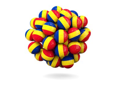 Futbol topları yığını ile Romanya bayrağı