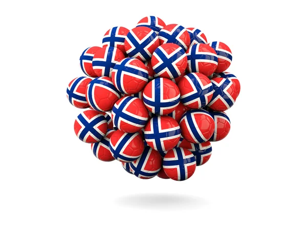 Σωρό από μπάλες ποδοσφαίρου με σημαία της Νορβηγίας — Φωτογραφία Αρχείου