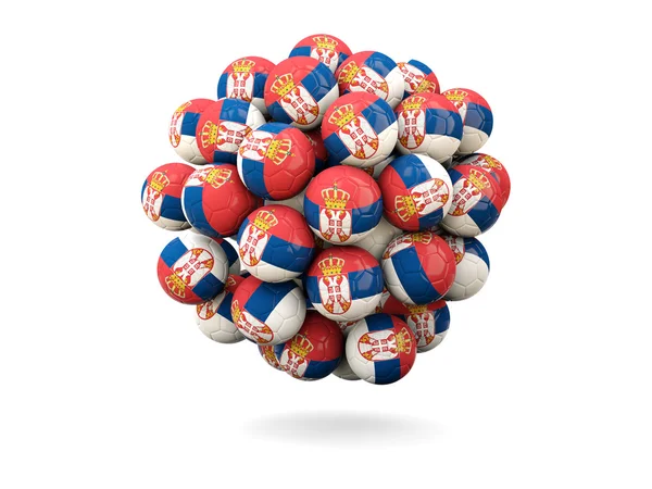Mucchio di palloni da calcio con bandiera della serbia — Foto Stock