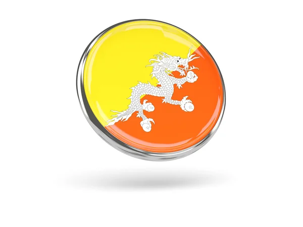Flaga Bhutanu. Okrągła ikona z metalowej ramie — Zdjęcie stockowe