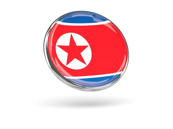 Σημαία της Κορέας Βορρά. Στρογγυλό εικονίδιο με μεταλλικό σκελετό — Φωτογραφία Αρχείου