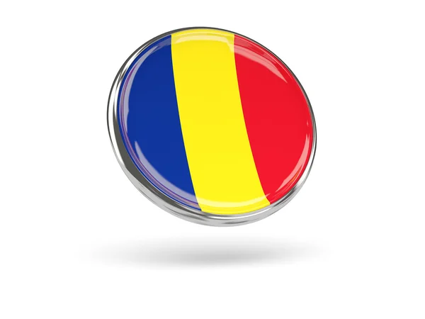 Bandera de romania. Icono redondo con marco de metal —  Fotos de Stock