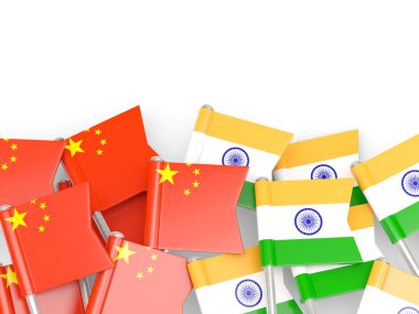 Çin ve Hindistan üzerine beyaz izole bayrakları