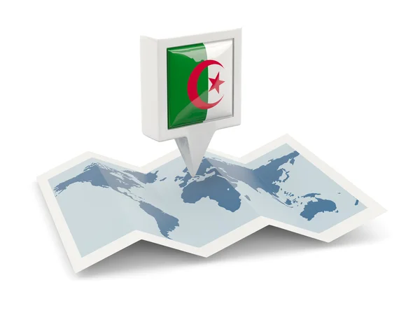Spilla quadrata con bandiera di algeria sulla mappa — Foto Stock