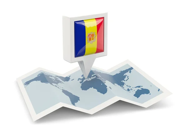 Square pin with flag of andorra on the map — Stock Photo, Image