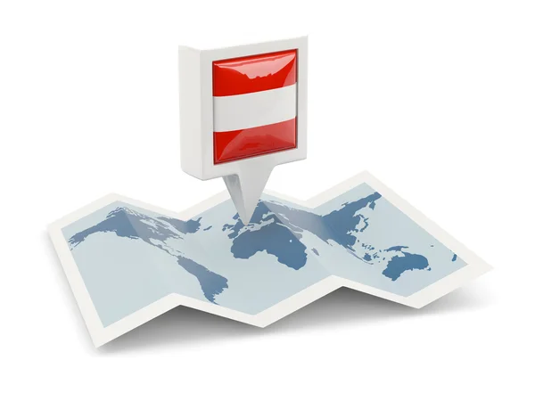 Quadratische Anstecknadel mit Österreich-Fahne auf der Karte — Stockfoto