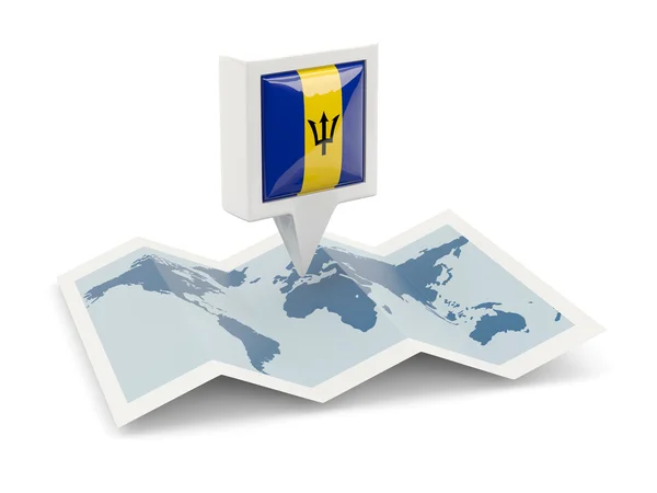 Pin cuadrado con bandera de barbados en el mapa — Foto de Stock